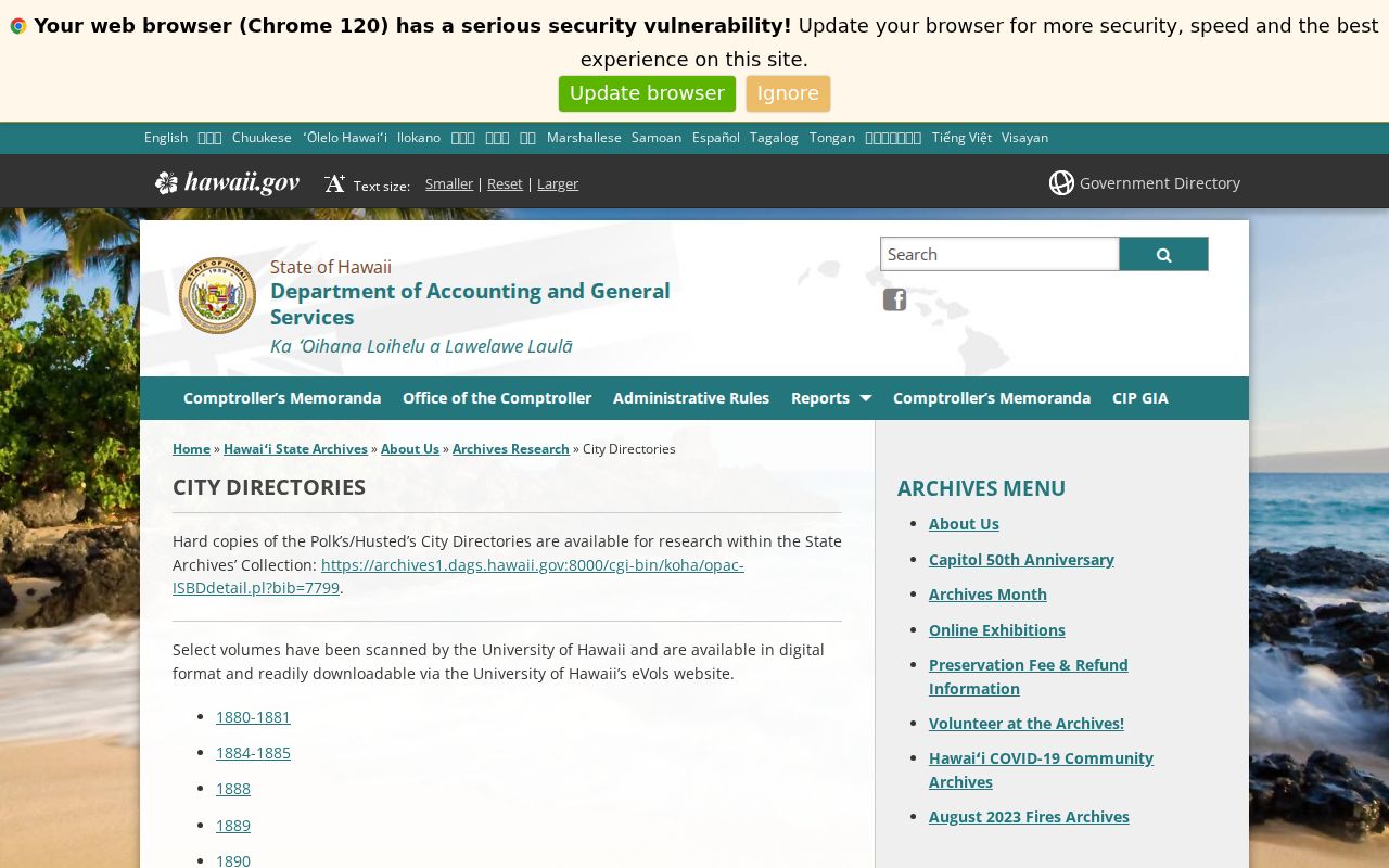 Hawaii State Archives page listing city directory holdings and digitized links