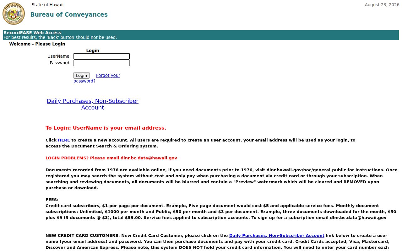 Hawaii Bureau of Conveyances document index entry page