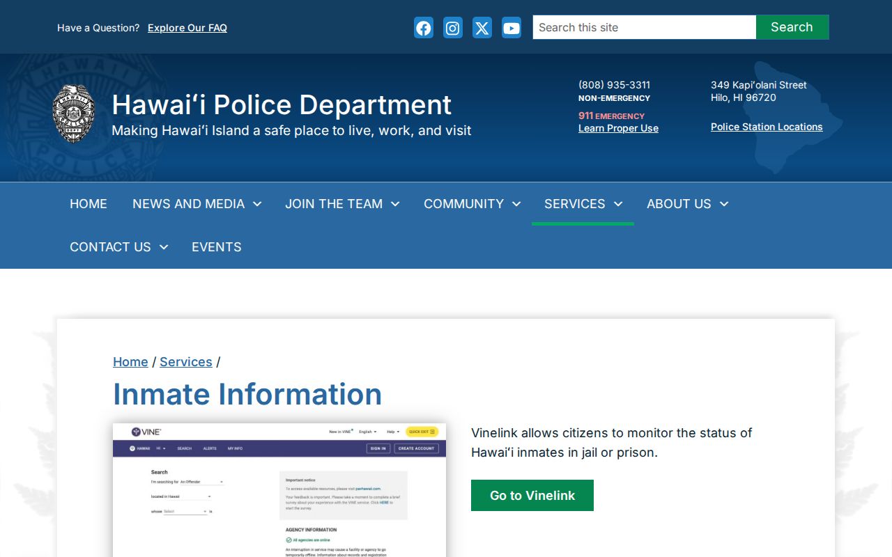 Hawaii Police adult arrest and custody information for a resident lookup